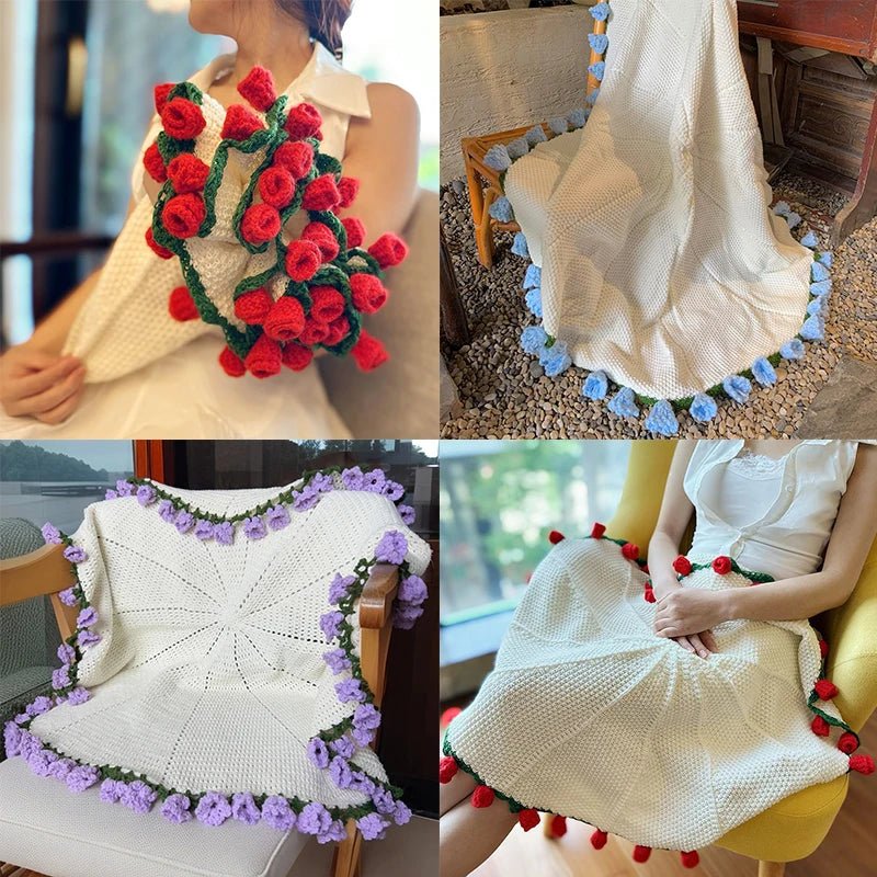 Handmade Crochet Rose & Sunflower Bouquet Blanket - Featured Mart